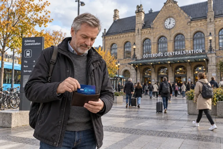 En person ordnar ett SkimSkydd RFID-skyddskort och bankkort i plånboken utanför Göteborgs centralstation