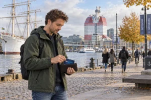 En person ordnar ett SkimSkydd RFID-skyddskort och bankkort i plånboken vid Lilla Bommen i Göteborg