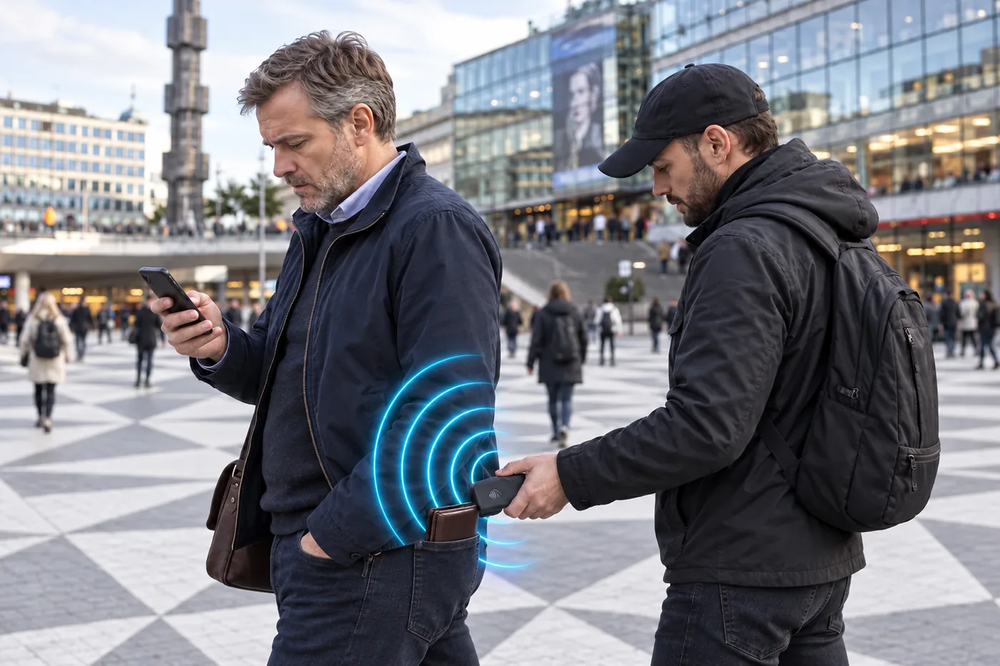 Illustrerad scen med en man som utsätts för ett kortbedrägeriförsök vid Sergels torg i Stockholm