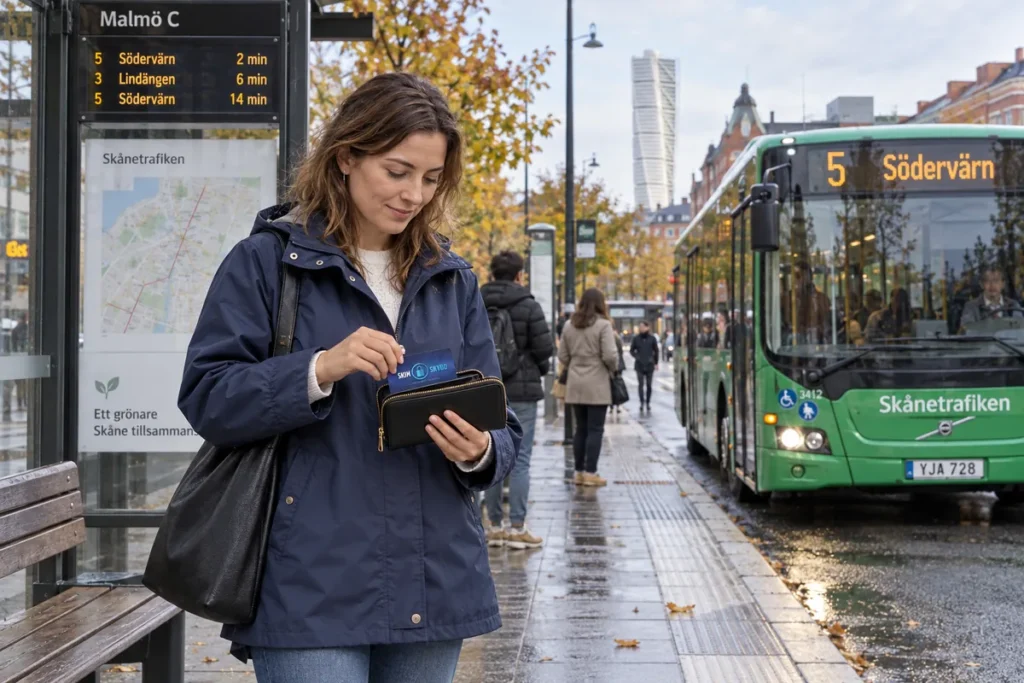 En person ordnar ett SkimSkydd RFID-skyddskort och bankkort i plånboken vid en busshållplats i Malmö