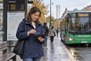En person ordnar ett SkimSkydd RFID-skyddskort och bankkort i plånboken vid en busshållplats i Malmö