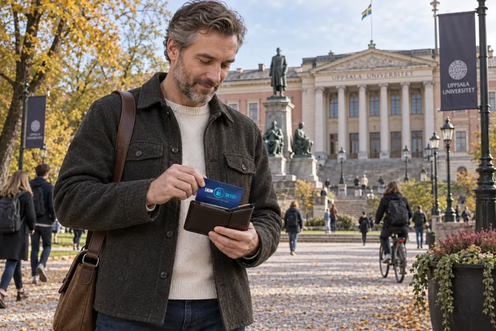 En person ordnar ett SkimSkydd RFID-skyddskort och bankkort i plånboken vid Uppsala universitets huvudbyggnad