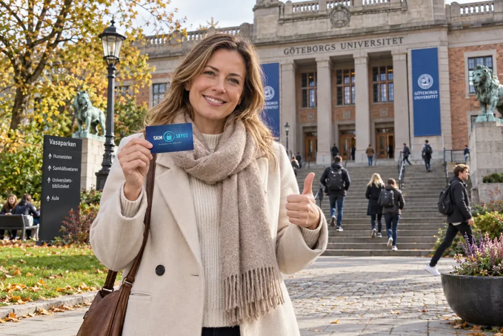 En person visar ett SkimSkydd RFID-skyddskort och gör tummen upp utanför Göteborgs universitet i Vasaparken