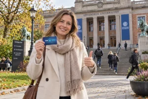 En person visar ett SkimSkydd RFID-skyddskort och gör tummen upp utanför Göteborgs universitet i Vasaparken