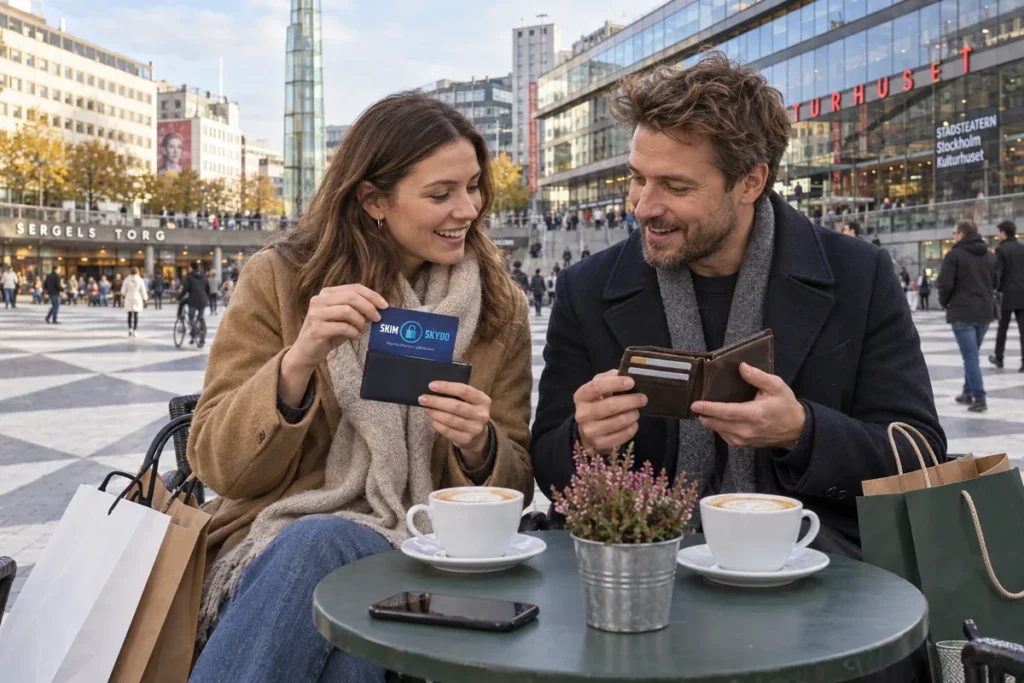 En person jämför kortförvaring på en uteservering vid Sergels torg i Stockholm