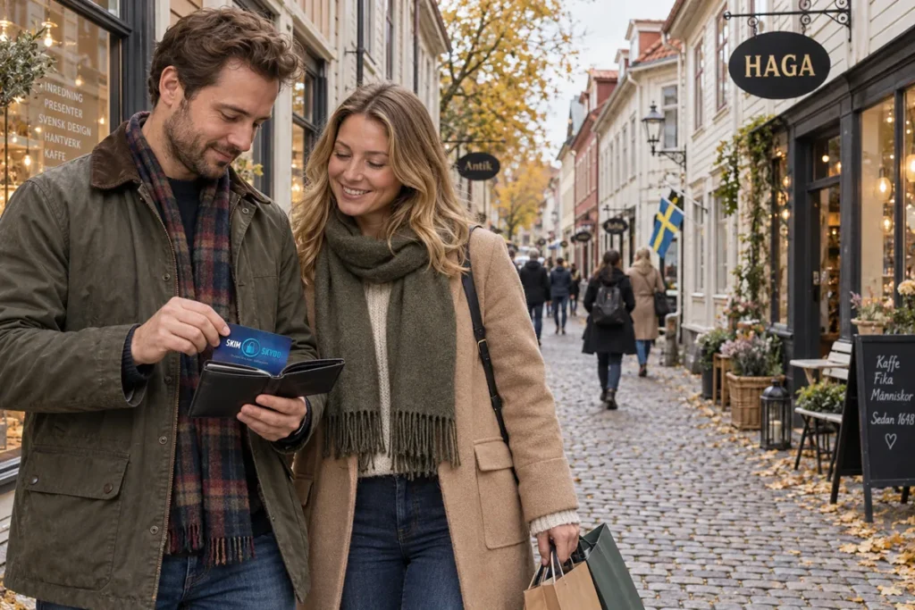 En person ordnar ett SkimSkydd RFID-skyddskort och bankkort i plånboken på Haga Nygata i Göteborg
