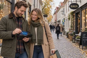 En person ordnar ett SkimSkydd RFID-skyddskort och bankkort i plånboken på Haga Nygata i Göteborg