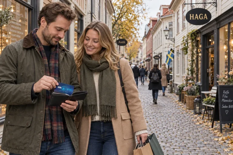 En person ordnar ett SkimSkydd RFID-skyddskort och bankkort i plånboken på Haga Nygata i Göteborg