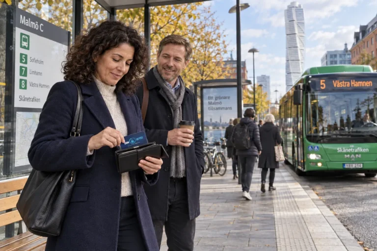 Kollegor ordnar företagskort under en lunchrast vid en busshållplats i Malmö