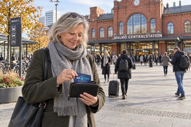 En person ordnar ett SkimSkydd RFID-skyddskort och bankkort i plånboken utanför Malmö centralstation