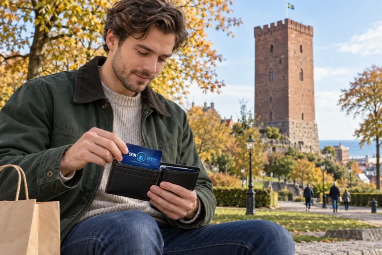 SkimSkydd RFID-skyddskort och plånbok i en vardagsscen utomhus vid Kärnan i Helsingborg