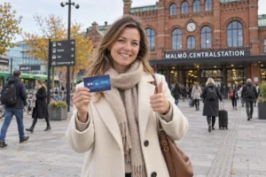 En person visar ett SkimSkydd RFID-skyddskort och gör tummen upp utanför Malmö centralstation