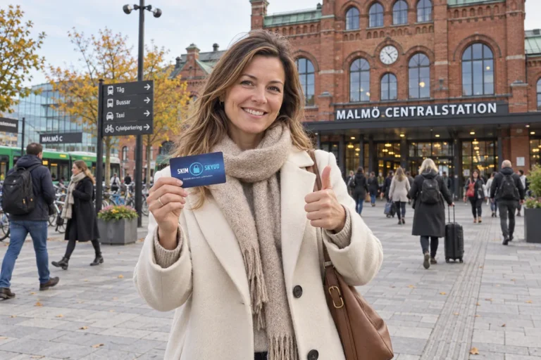 En person visar ett SkimSkydd RFID-skyddskort och gör tummen upp utanför Malmö centralstation