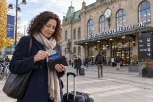 En resenär ordnar korten i plånboken utanför Göteborgs centralstation