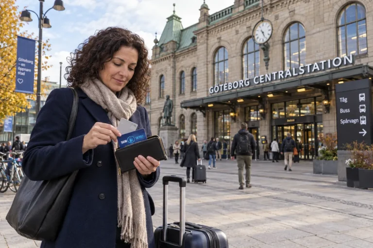 En resenär ordnar korten i plånboken utanför Göteborgs centralstation