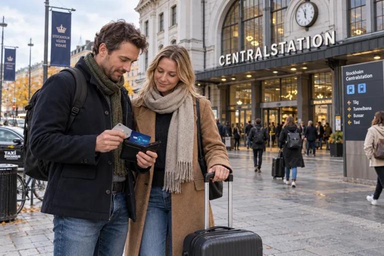 En resenär ordnar korten i plånboken utanför Stockholms centralstation