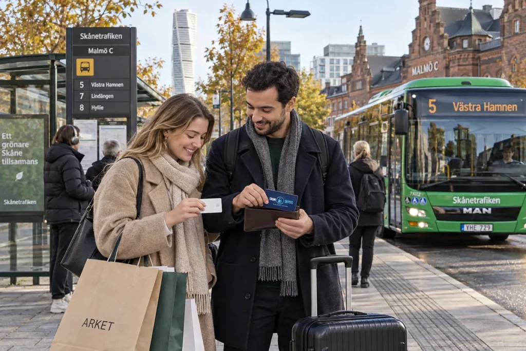 En resenär ordnar korten i plånboken vid en busshållplats i Malmö