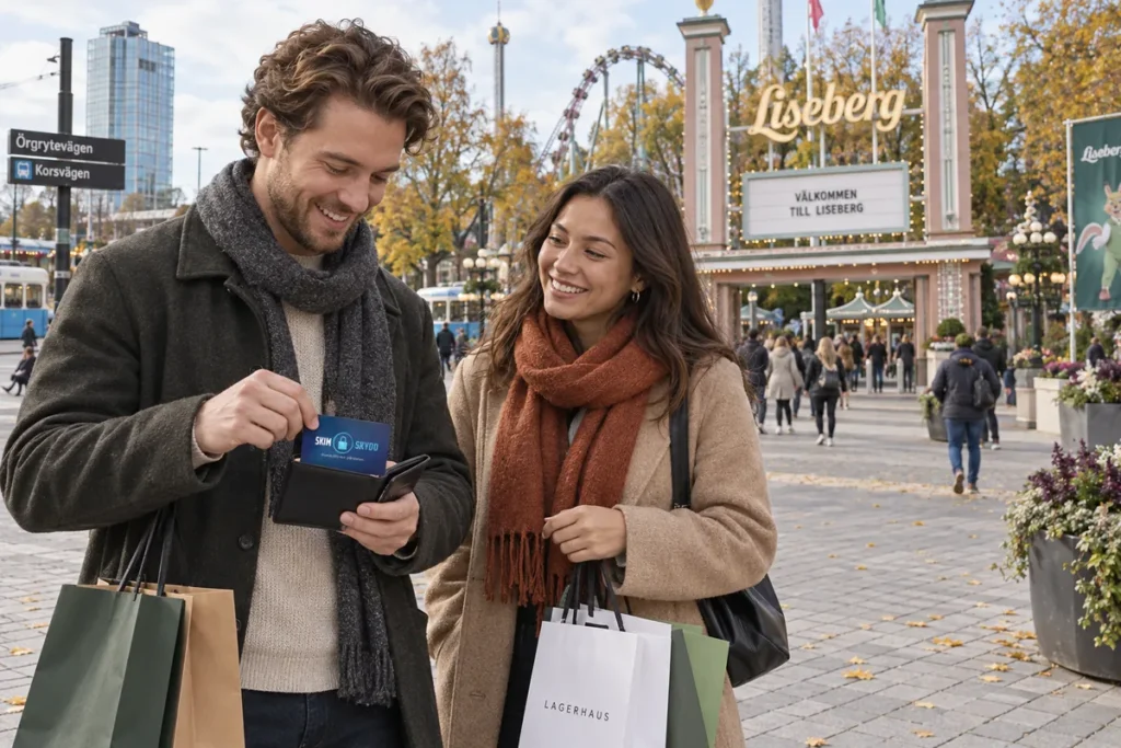 En person ordnar ett SkimSkydd RFID-skyddskort och bankkort i plånboken utanför Lisebergs entré i Göteborg