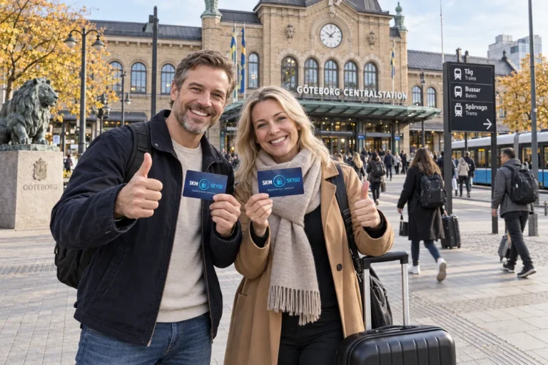 En person visar ett SkimSkydd RFID-skyddskort och gör tummen upp utanför Göteborgs centralstation