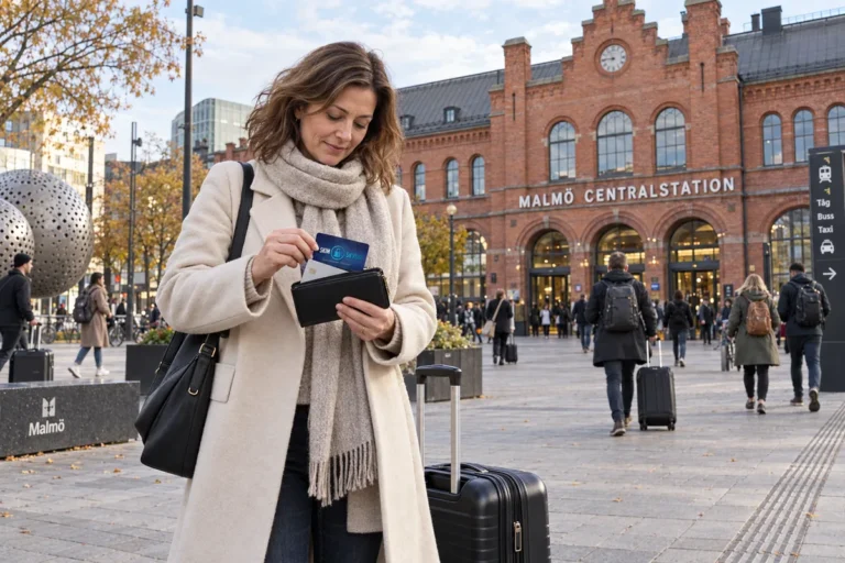 En resenär ordnar korten i plånboken utanför Malmö centralstation