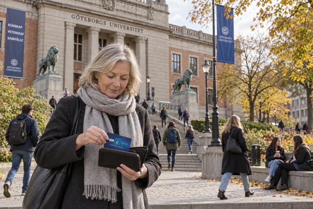 En person ordnar ett SkimSkydd RFID-skyddskort och bankkort i plånboken utanför Göteborgs universitet i Vasaparken