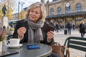 En person jämför kortförvaring på en uteservering utanför Göteborgs centralstation