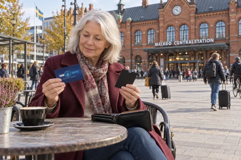 En person jämför kortförvaring på en uteservering utanför Malmö centralstation