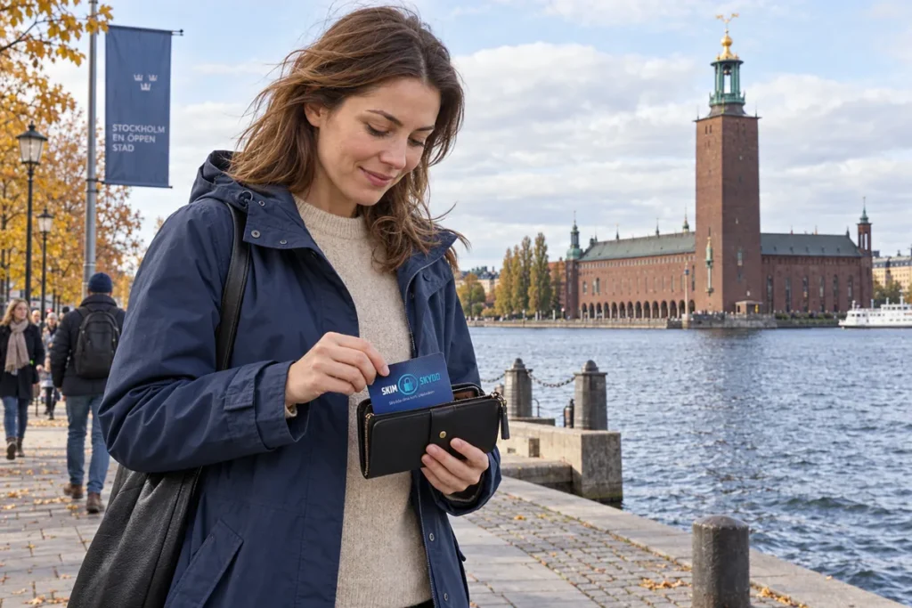 En person ordnar ett SkimSkydd RFID-skyddskort och bankkort i plånboken vid Stockholms stadshus