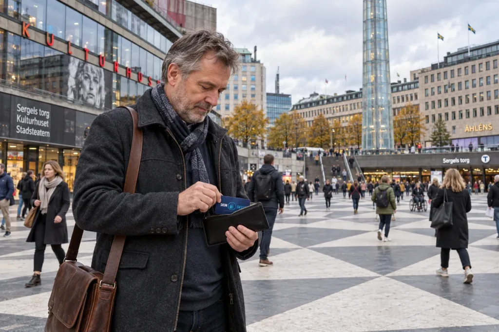 En person ordnar ett SkimSkydd RFID-skyddskort och bankkort i plånboken vid Sergels torg i Stockholm