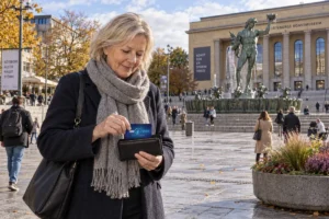En person ordnar ett SkimSkydd RFID-skyddskort och bankkort i plånboken vid Poseidon på Götaplatsen