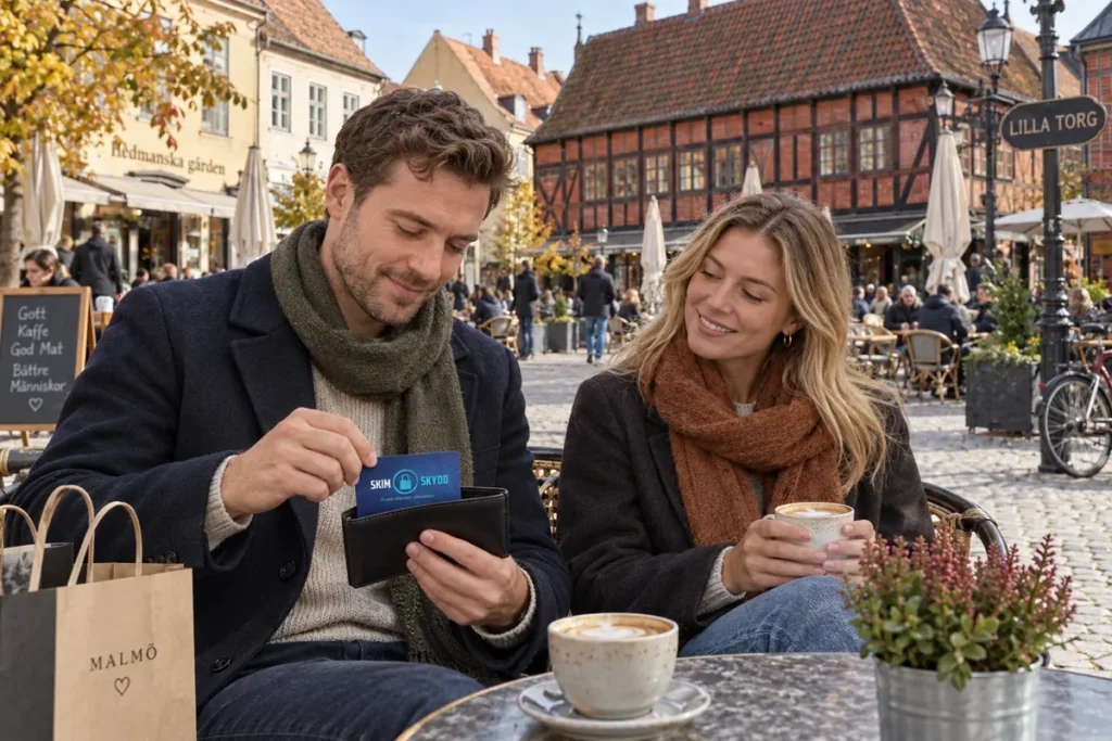 En person ordnar ett SkimSkydd RFID-skyddskort och bankkort i plånboken på Lilla torg i Malmö