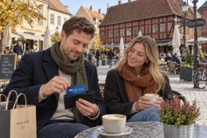 En person ordnar ett SkimSkydd RFID-skyddskort och bankkort i plånboken på Lilla torg i Malmö