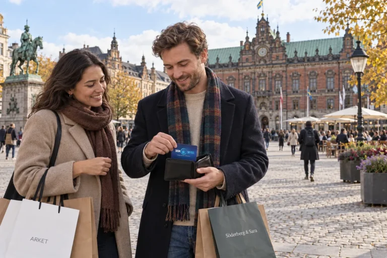 En person ordnar ett SkimSkydd RFID-skyddskort och bankkort i plånboken på Stortorget i Malmö