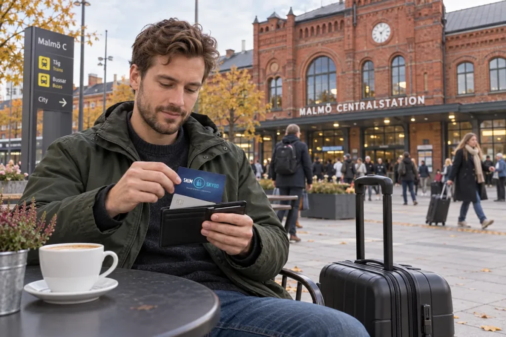 En resenär ordnar korten i plånboken utanför Malmö centralstation