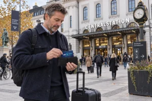 En resenär ordnar korten i plånboken utanför Stockholms centralstation