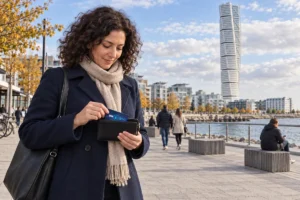 En person ordnar ett SkimSkydd RFID-skyddskort och bankkort i plånboken i Västra Hamnen i Malmö