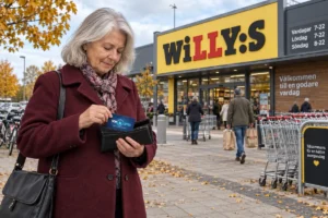 En person ordnar ett SkimSkydd RFID-skyddskort och bankkort i plånboken utanför en Willys-butik i Sverige