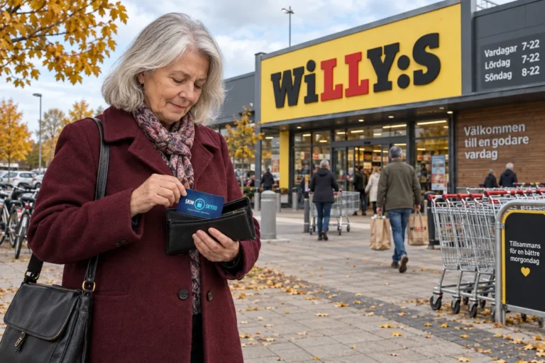 En person ordnar ett SkimSkydd RFID-skyddskort och bankkort i plånboken utanför en Willys-butik i Sverige