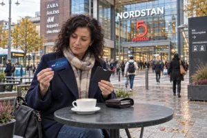 En person jämför kortförvaring på en uteservering utanför Femman i Göteborg
