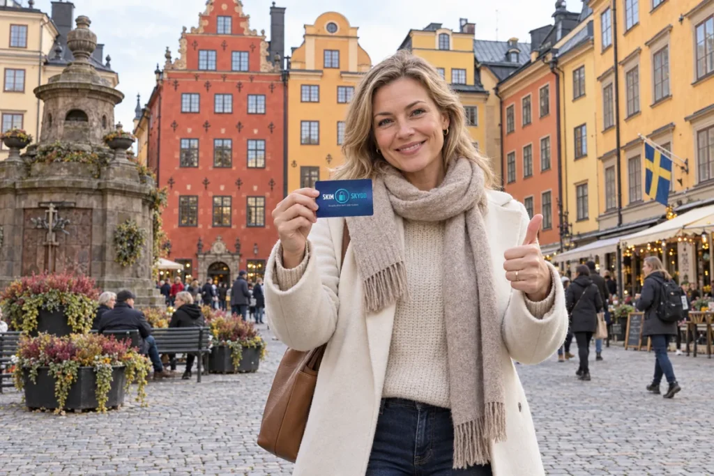 En person visar ett SkimSkydd RFID-skyddskort och gör tummen upp på Stortorget i Stockholm