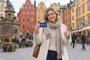 En person visar ett SkimSkydd RFID-skyddskort och gör tummen upp på Stortorget i Stockholm