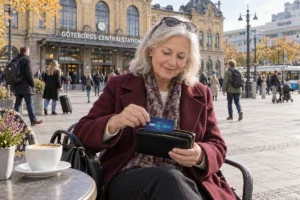 En person ordnar ett SkimSkydd RFID-skyddskort och bankkort i plånboken utanför Göteborgs centralstation