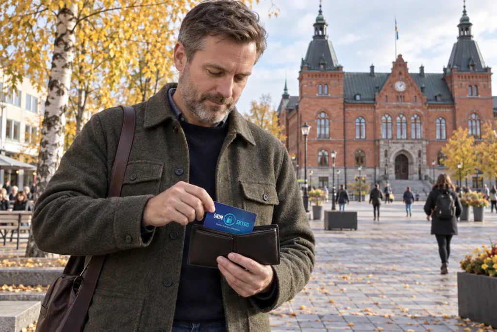 SkimSkydd RFID-skyddskort och plånbok i en vardagsscen utomhus vid Rådhustorget i Umeå