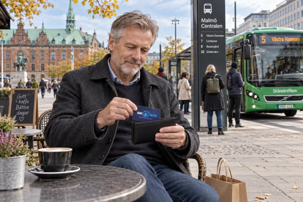 En person ordnar ett SkimSkydd RFID-skyddskort och bankkort i plånboken vid en busshållplats i Malmö