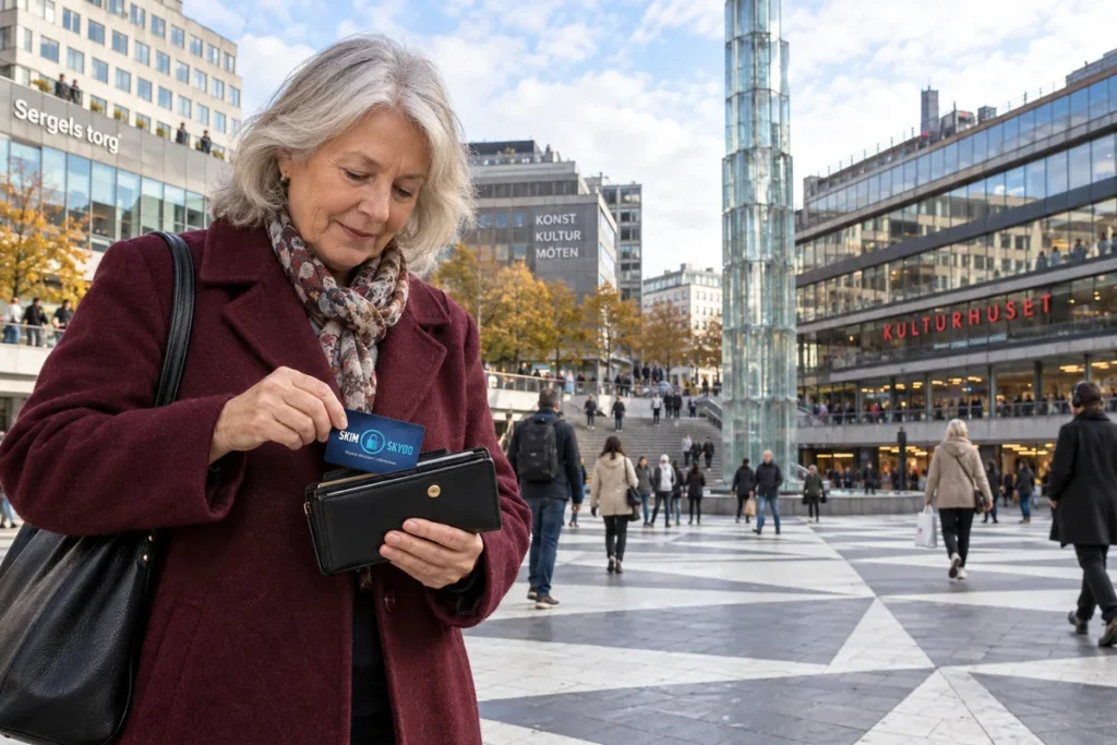 En person ordnar ett SkimSkydd RFID-skyddskort och bankkort i plånboken vid Sergels torg i Stockholm