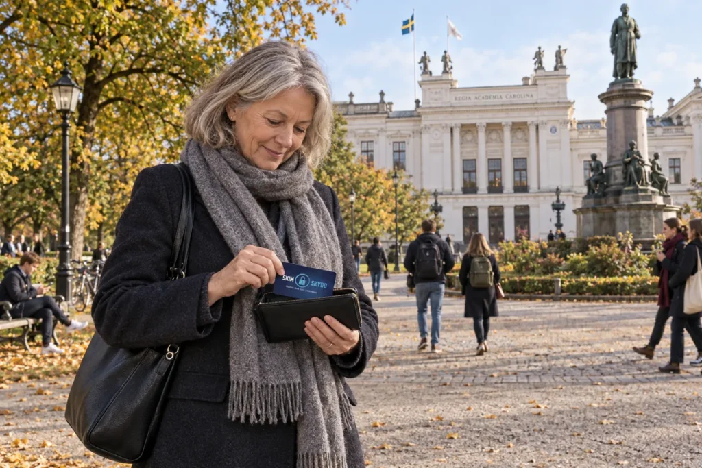 En person ordnar ett SkimSkydd RFID-skyddskort och bankkort i plånboken i Lundagård vid Lunds universitet