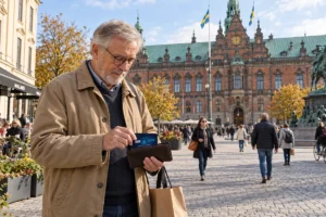 En person ordnar ett SkimSkydd RFID-skyddskort och bankkort i plånboken på Stortorget i Malmö