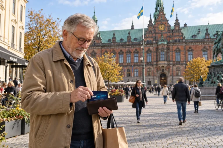 En person ordnar ett SkimSkydd RFID-skyddskort och bankkort i plånboken på Stortorget i Malmö