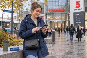 En person kontrollerar säkerhetsinställningar i mobilen utanför Femman i Göteborg