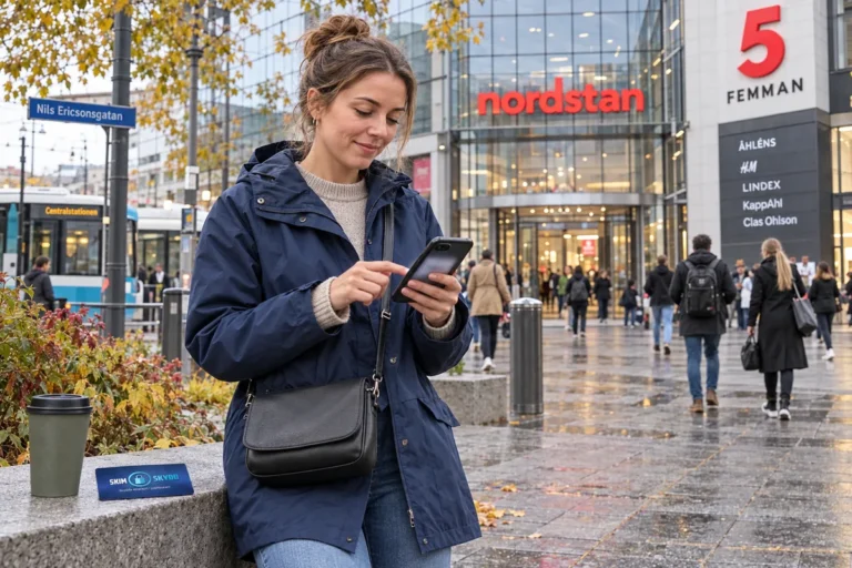 En person kontrollerar säkerhetsinställningar i mobilen utanför Femman i Göteborg